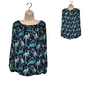 ANN TAYLOR LOFT PEACOCK PRINT SCOOP NECK LONG SLEEVE BLOUSE TEAL/BLACK SMALL